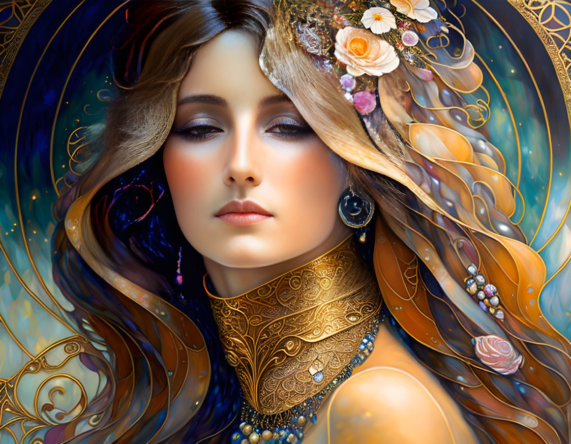 Fantasy portrait of woman with flowing hair and intricate golden patterns