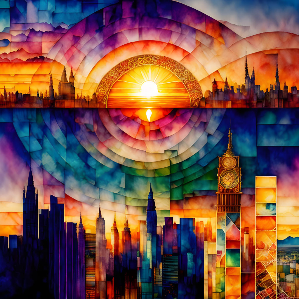 Colorful Abstract Cityscape Artwork with Iconic Buildings Against Sunburst