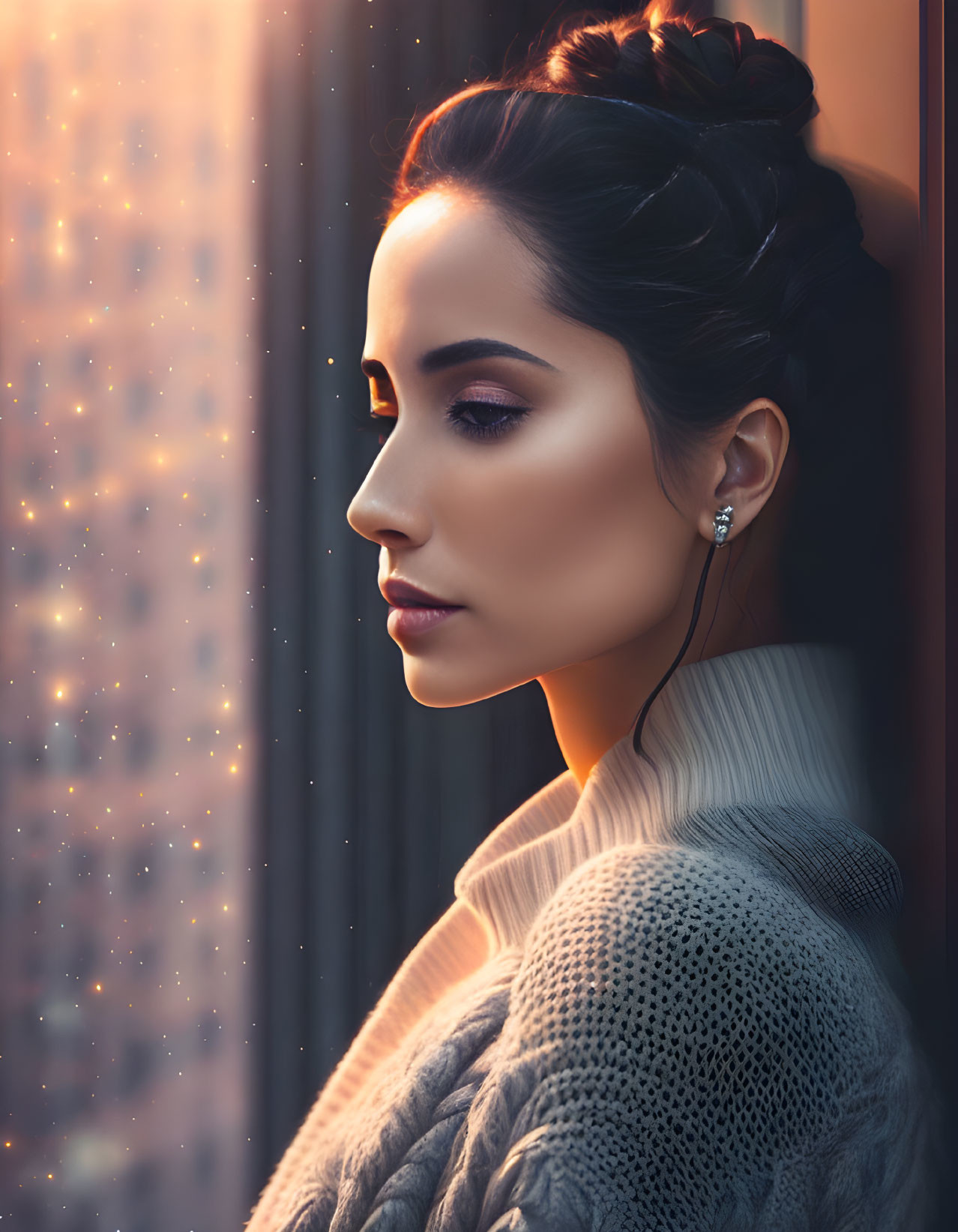 Woman with braided updo gazes out rainy window in cozy sweater