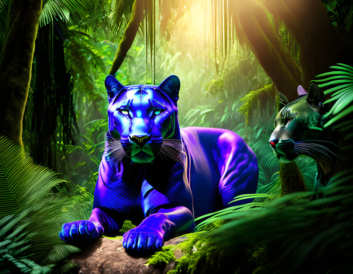 Vibrant neon-colored panthers in lush jungle scenery