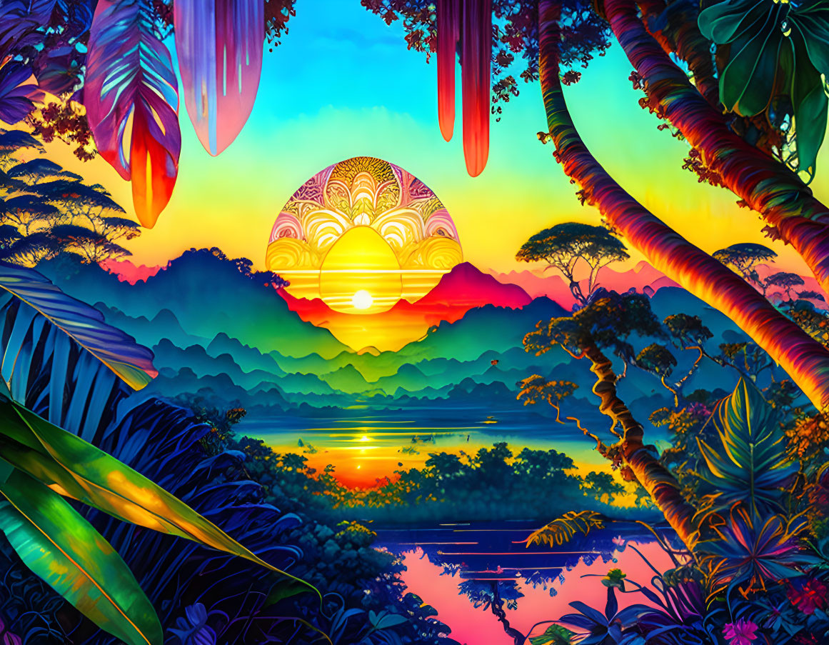 Colorful Tropical Sunset Digital Artwork with Lush Foliage