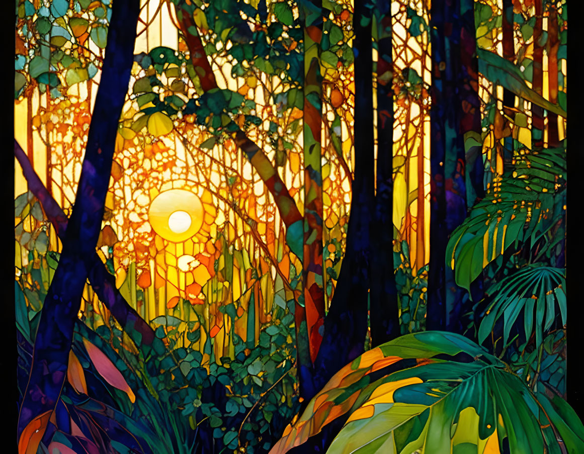 Colorful forest sunset in intricate stained glass style