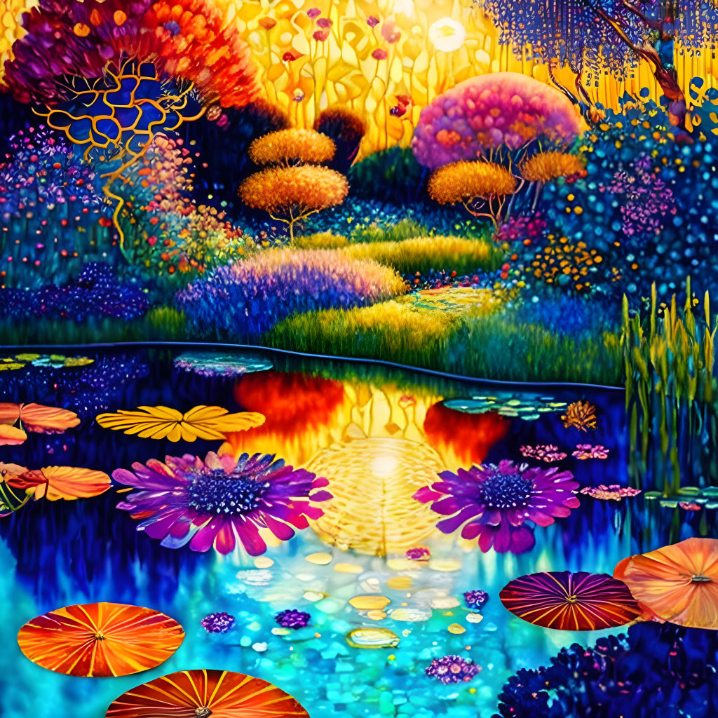 Colorful Landscape Painting with Reflective Water & Illuminated Trees