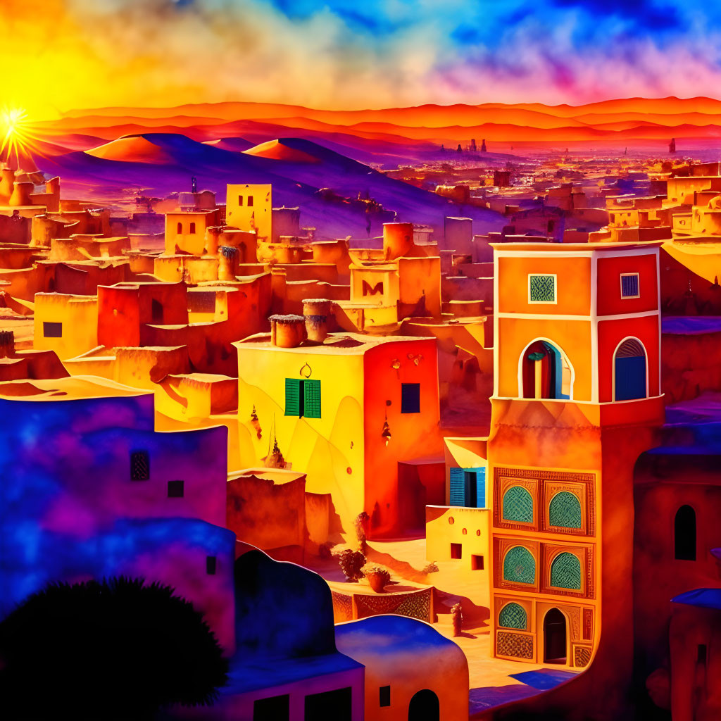 Colorful desert town illustration at sunset with traditional buildings.