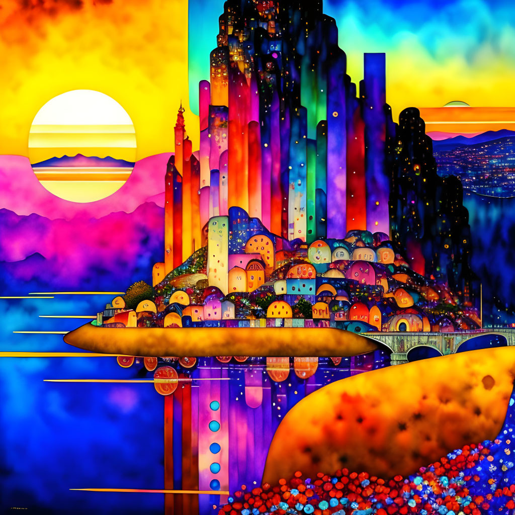 Colorful cityscape with skyscrapers and whimsical houses against a sunset sea