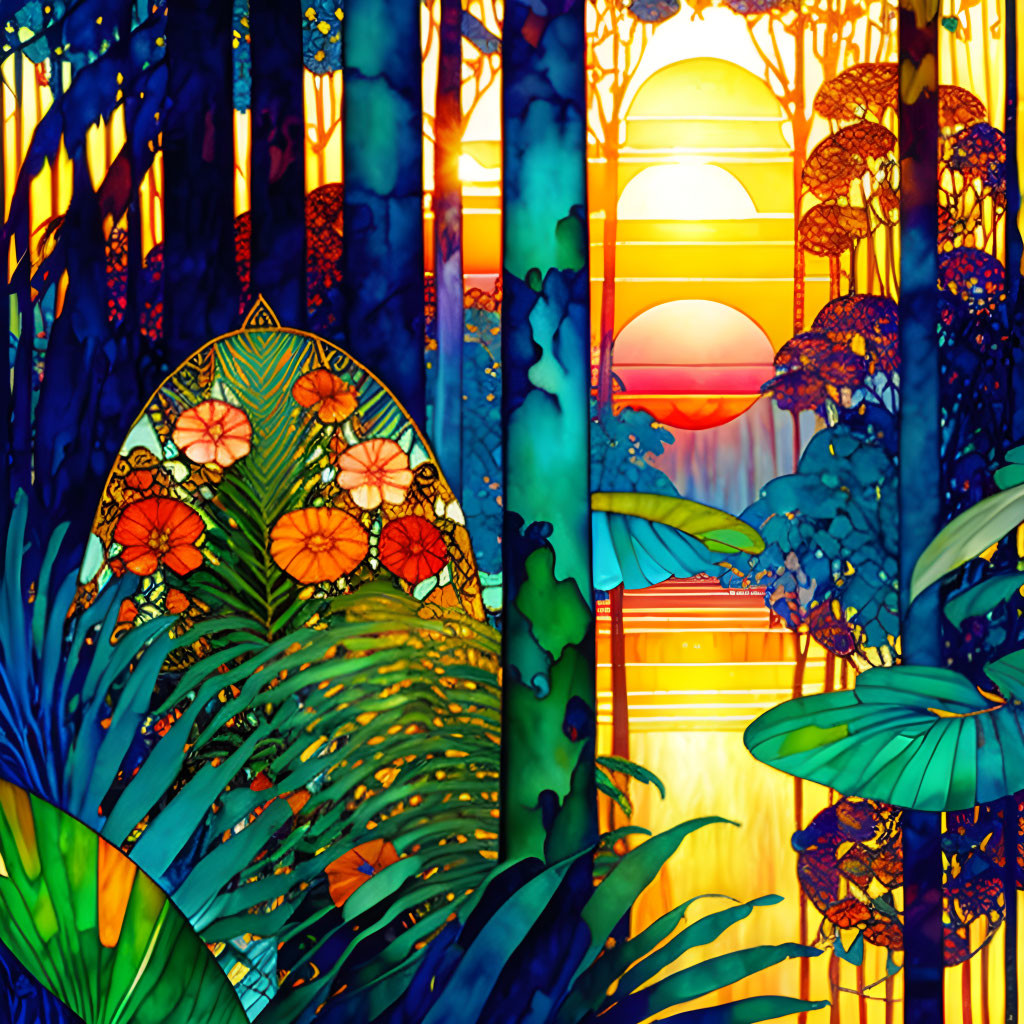 Colorful stained glass forest sunset artwork with blue and orange hues.