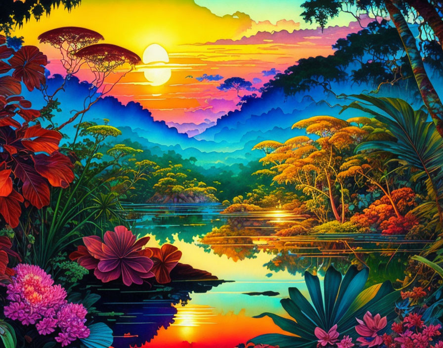 Lush Tropical Landscape with Sunset Sky and River