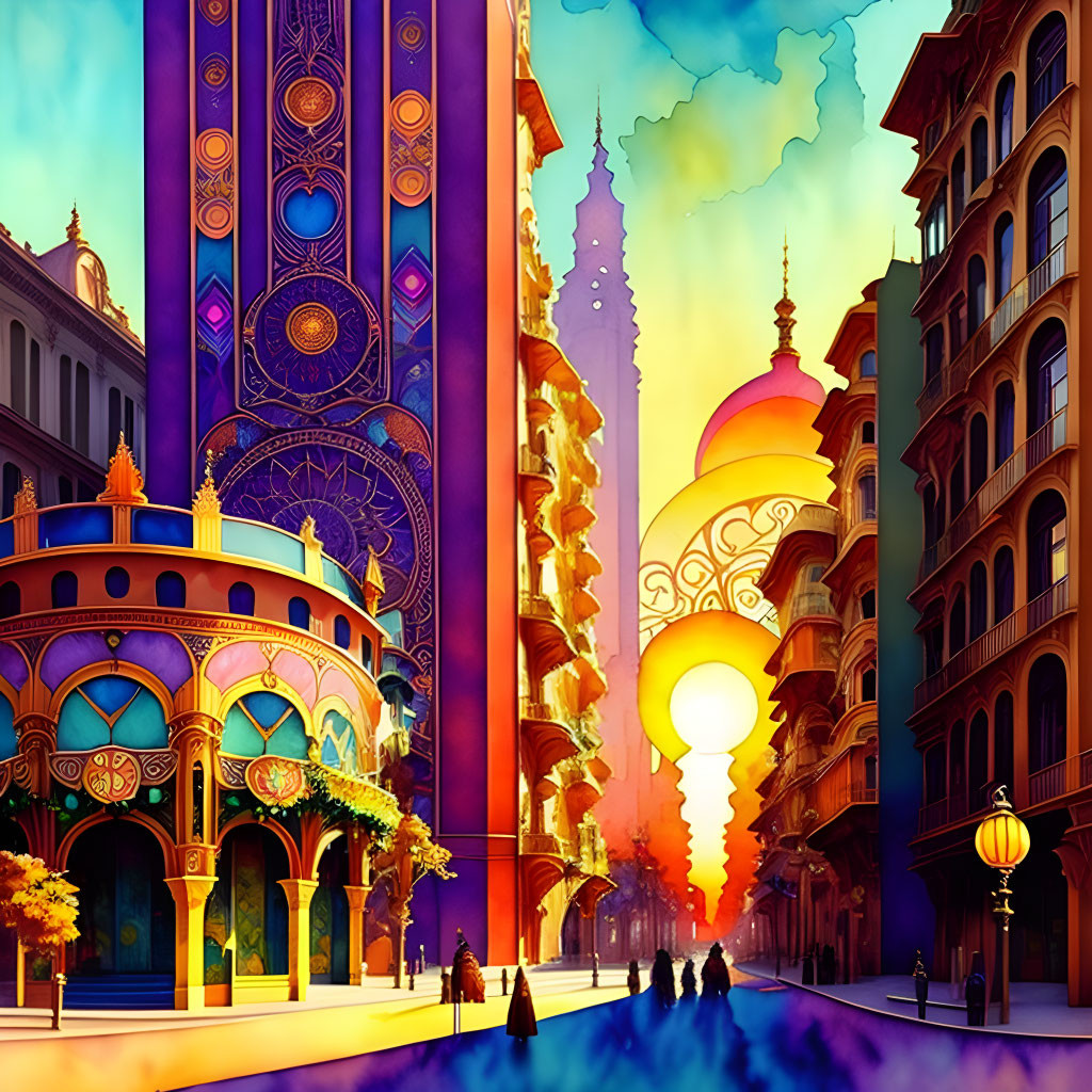 Colorful Art Nouveau and Eastern architecture on vibrant street.