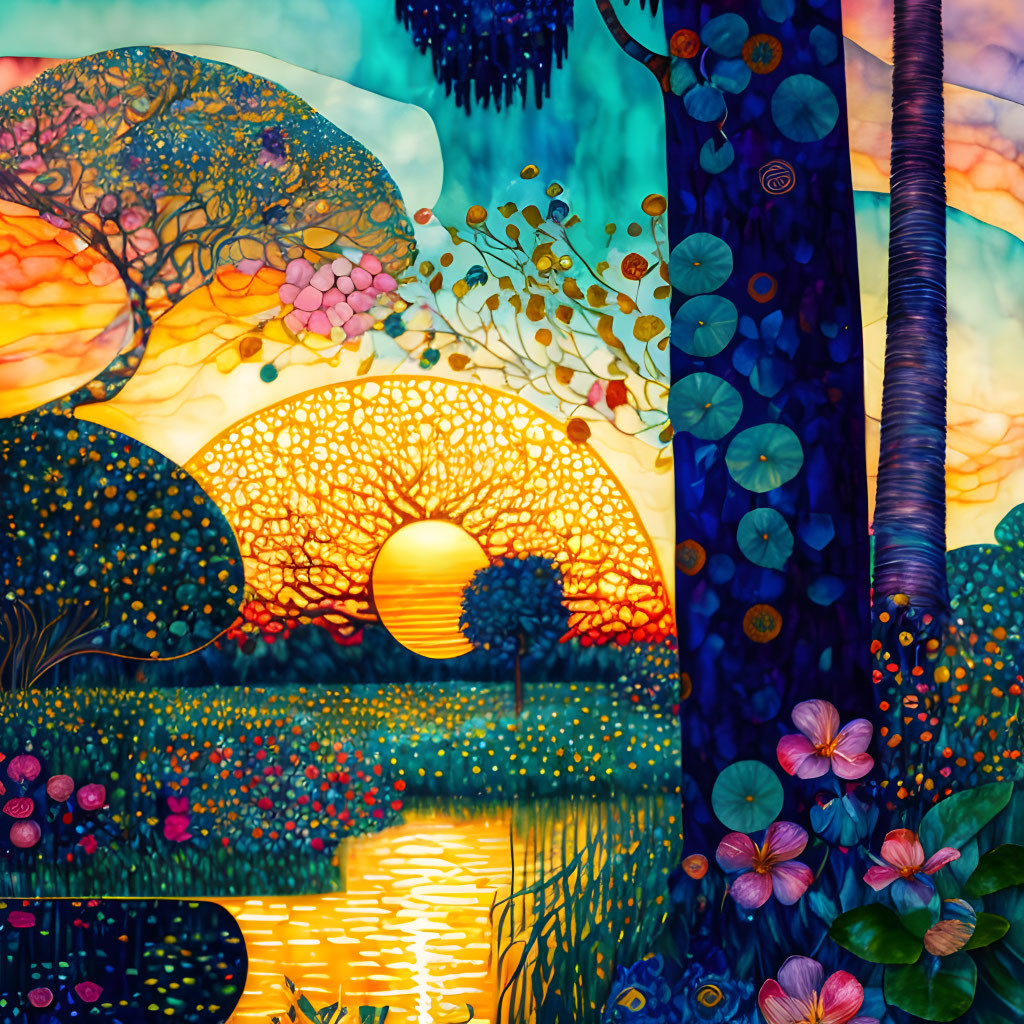 Colorful Sunset Landscape with Whimsical Elements