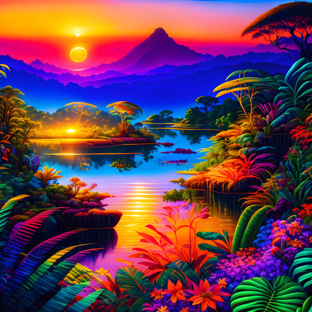 Colorful Tropical Landscape with Lake, Foliage, and Mountain