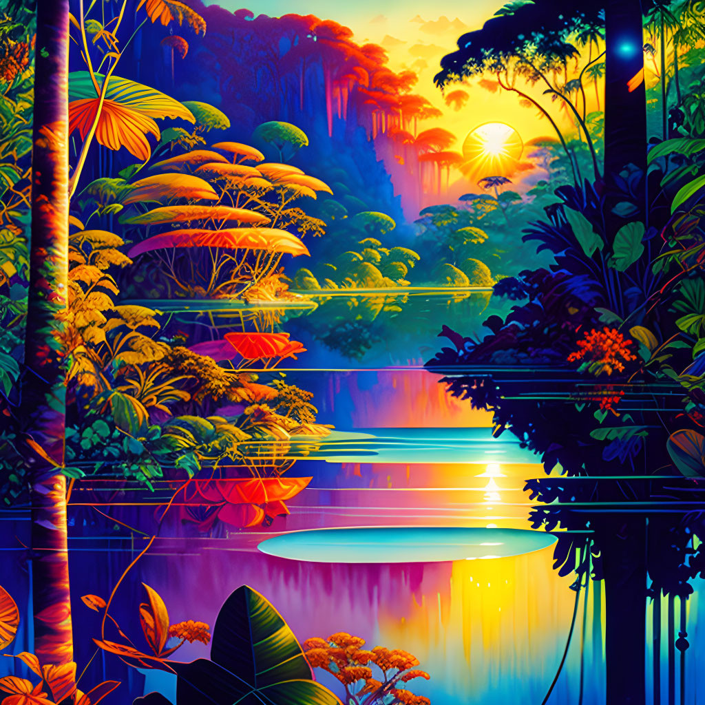 Vivid digital artwork: lush tropical forest, serene river at sunset