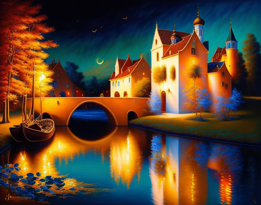 Fantasy castle by river at night: glowing trees, starry sky, boat, reflections