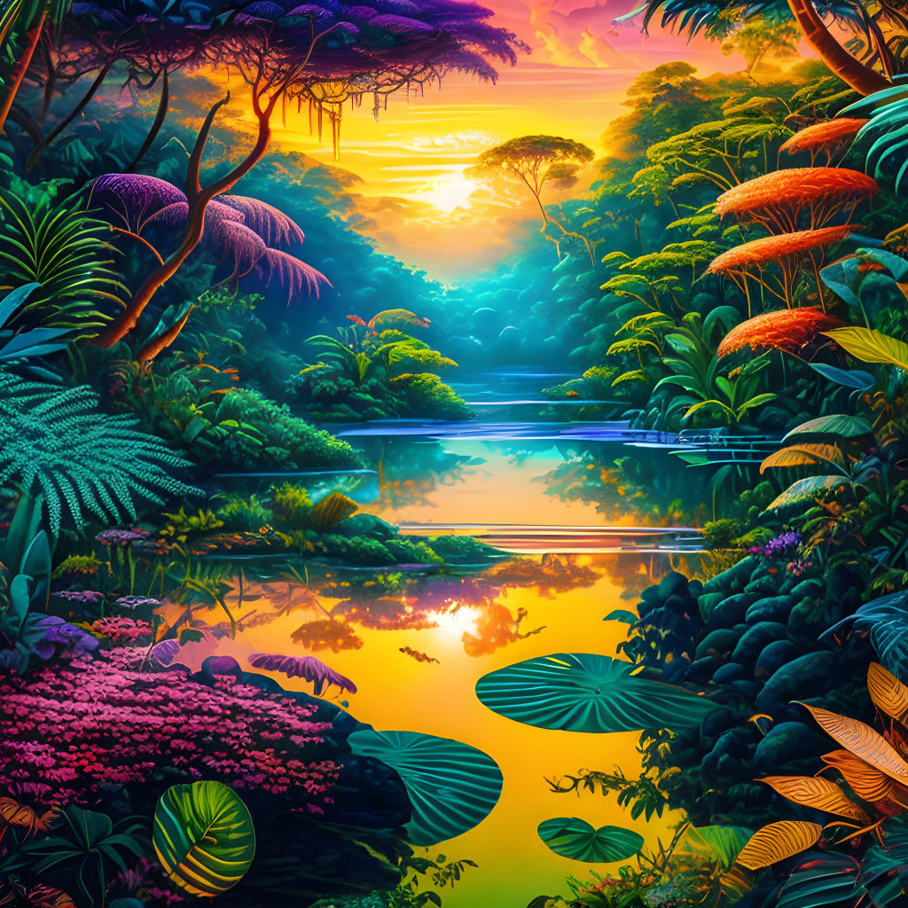 Vibrant jungle scene with serene river at sunset