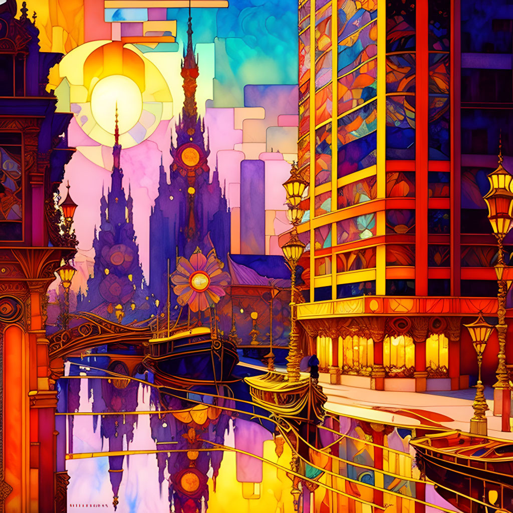 Colorful fantasy cityscape with ornate buildings and glowing sunset