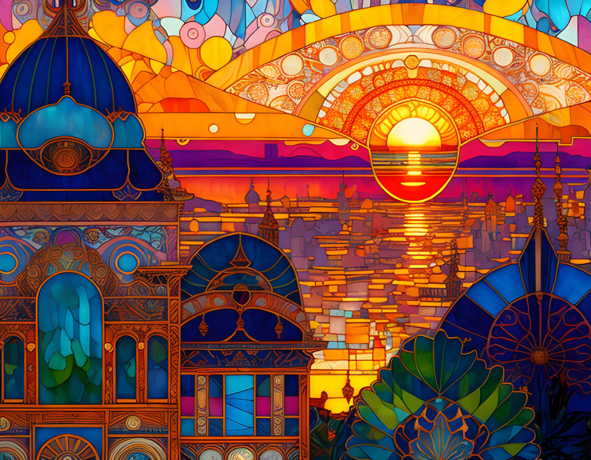 Colorful Stained Glass Style Illustration of Coastal Cityscape at Sunset