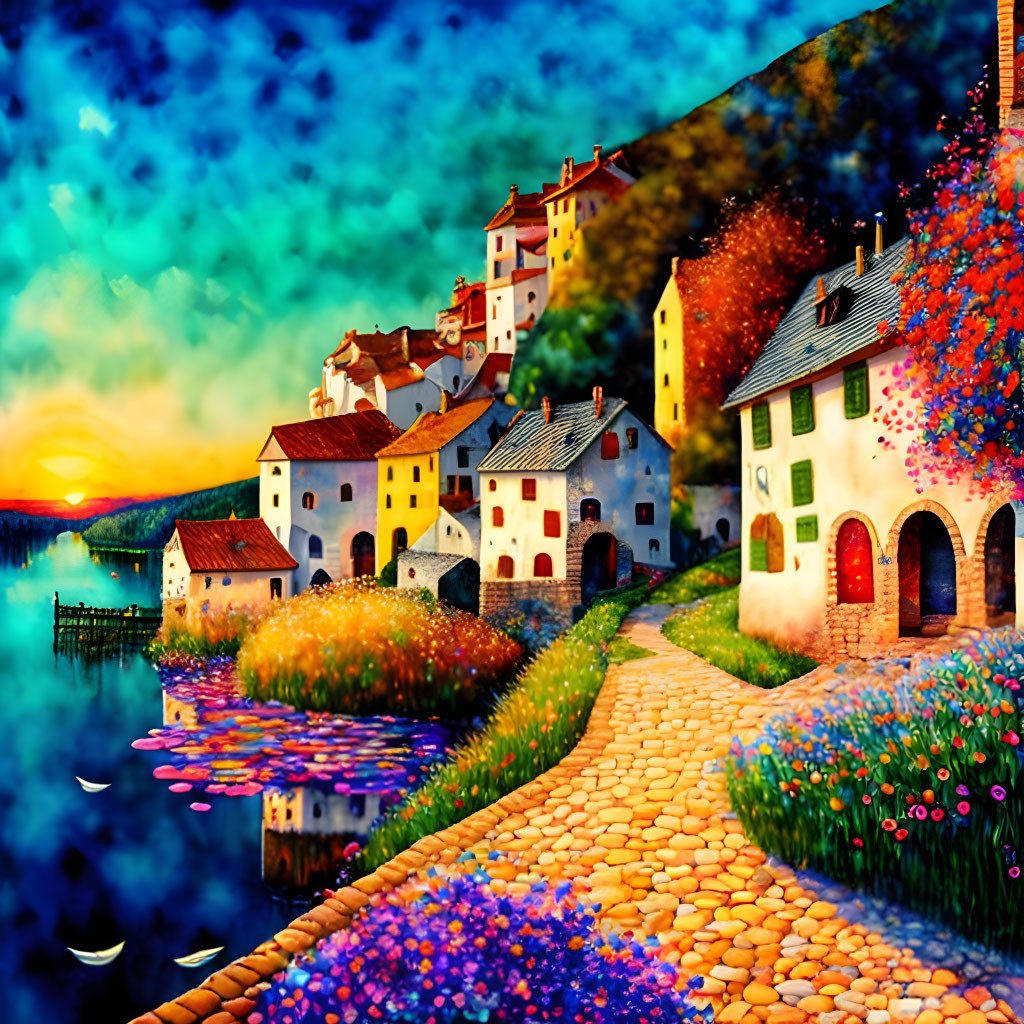 Colorful Coastal Village Painting at Sunset with Flowers and Cobblestone Path