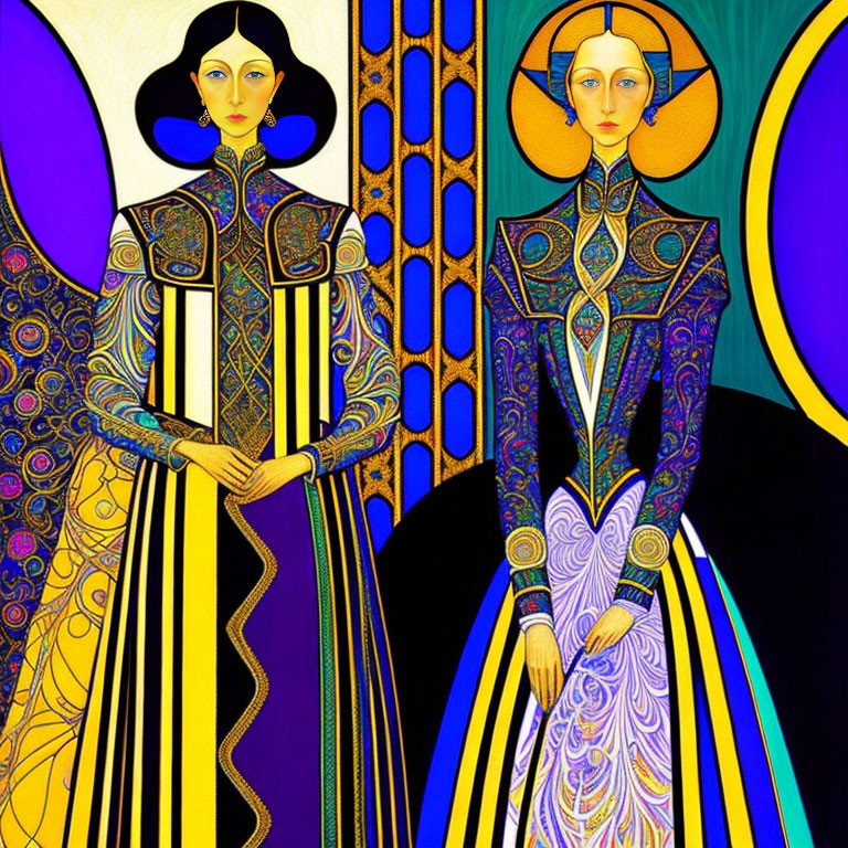 Symmetrical Art Nouveau Figures in Purple, Gold, and Blue