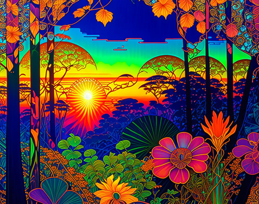 Colorful sunset landscape with forest silhouette and vibrant flowers.