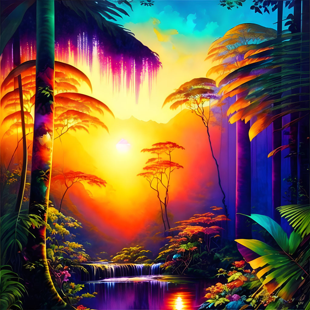 Tropical forest sunset with waterfall and lush vegetation