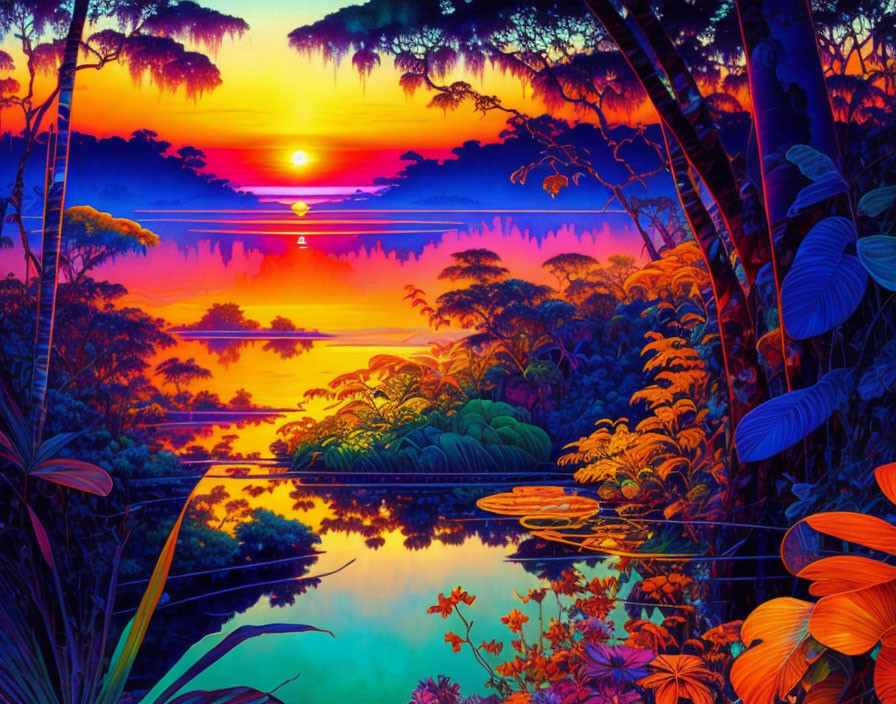 Colorful Jungle Illustration: Vibrant Foliage, Calm River, Sunset Reflection