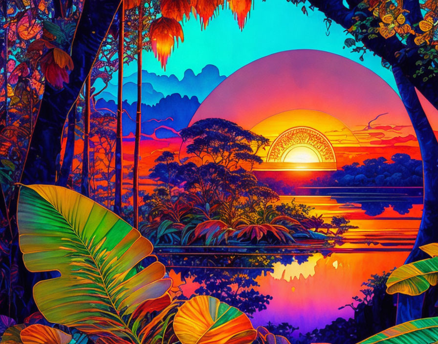 Tropical sunset illustration with large sun, lush forests, and water reflection