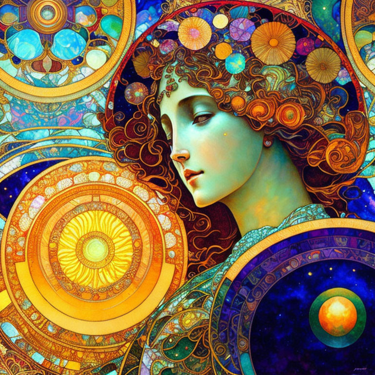 Colorful Woman Illustration with Celestial Motifs in Orange, Blue, and Gold