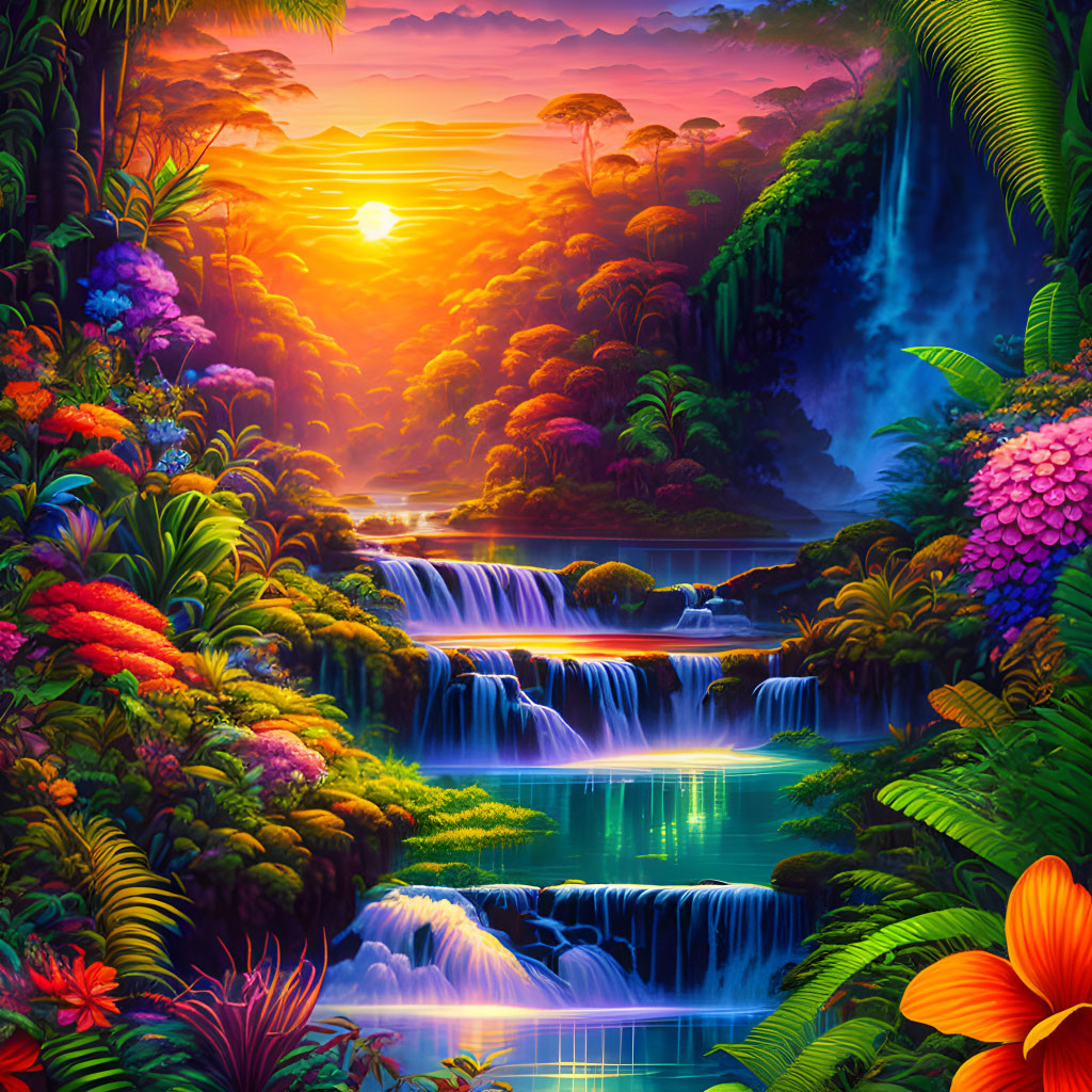 Tropical waterfall with cascades, lush foliage, flowers, sunset sky