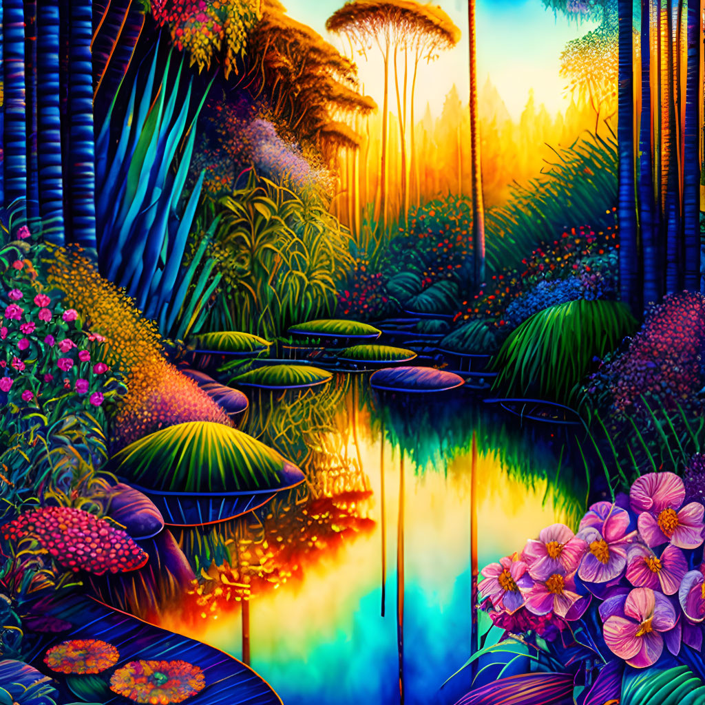 Colorful Tropical Landscape with River, Foliage, and Sunset Sky