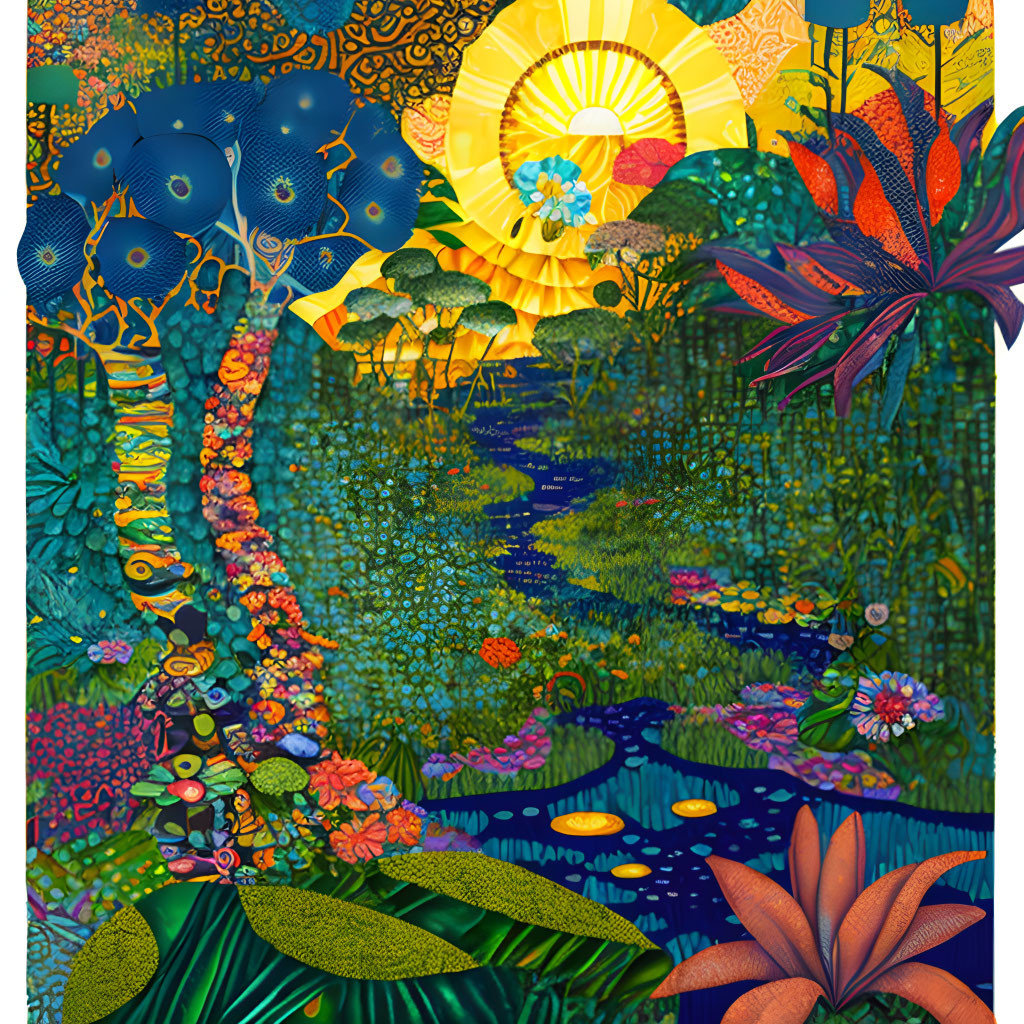 Fantastical garden illustration with river and sun