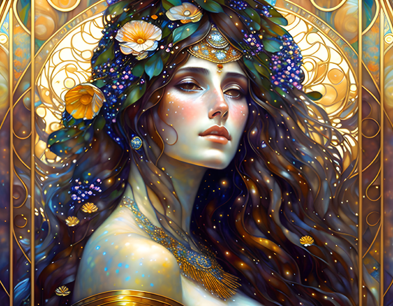 Detailed woman illustration with floral and jeweled headdress in gold and blue.