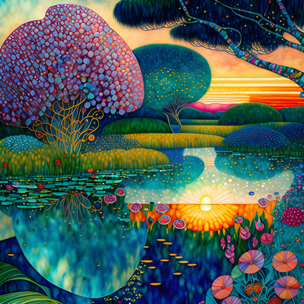 Colorful surreal landscape with stylized trees, reflective pond, and sunset transition.