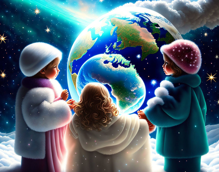 Children in winter attire admire glowing Earth in starry scene