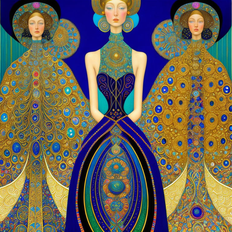 Colorful Peacock-Inspired Figures on Blue Background