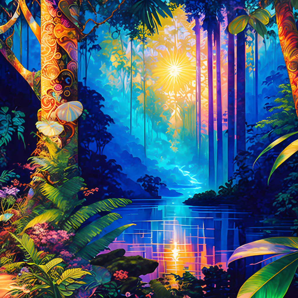 Lush forest scene with tall trees, colorful flora, reflective water, and sunlight rays.