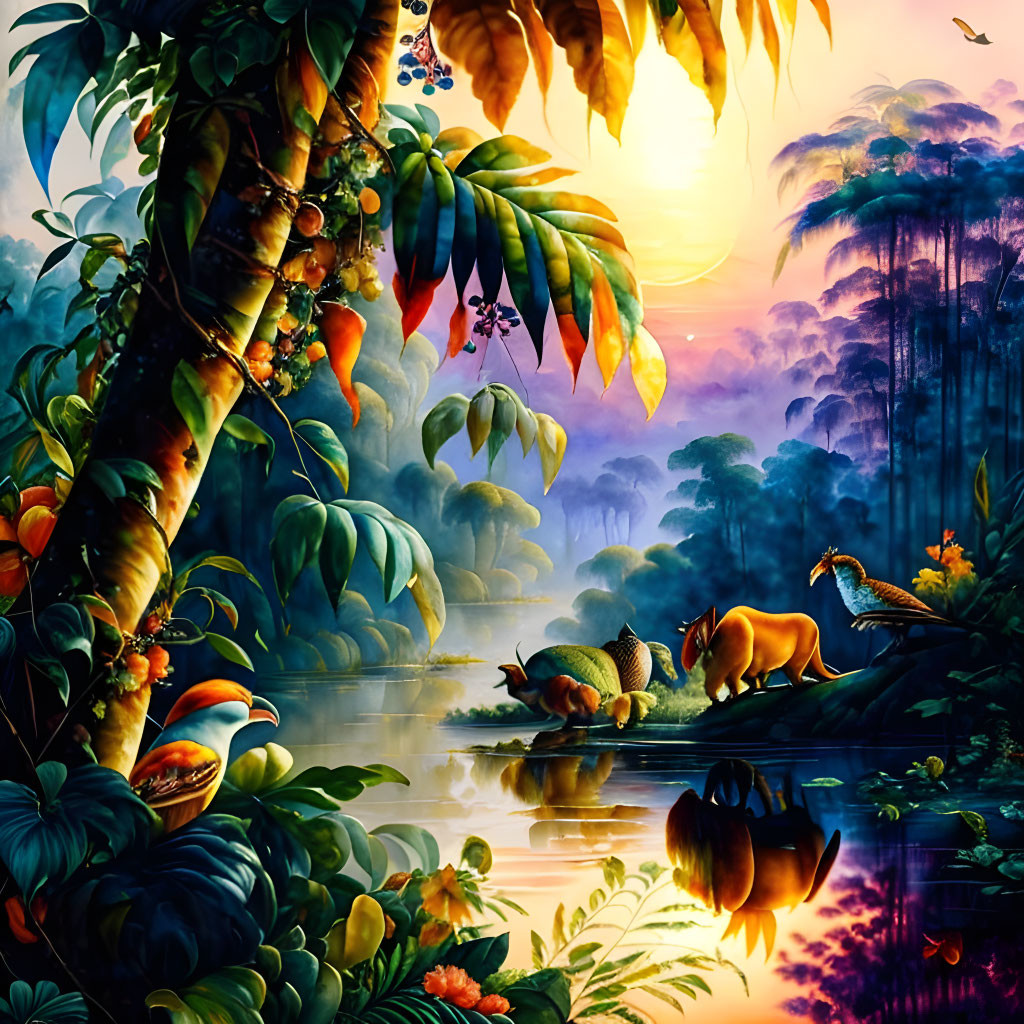 Colorful jungle sunset with animals, lush plants, and water reflection