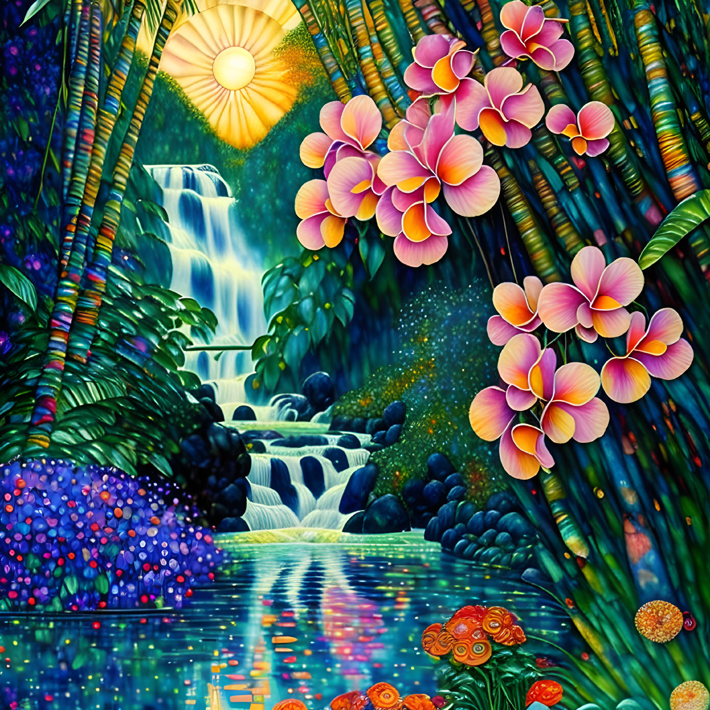 Tropical Waterfall Scene with Sun, Foliage, Flowers