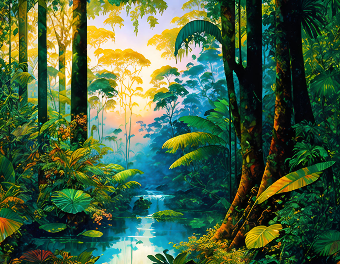 Lush Green Tropical Jungle Scene with Stream and Sunlight