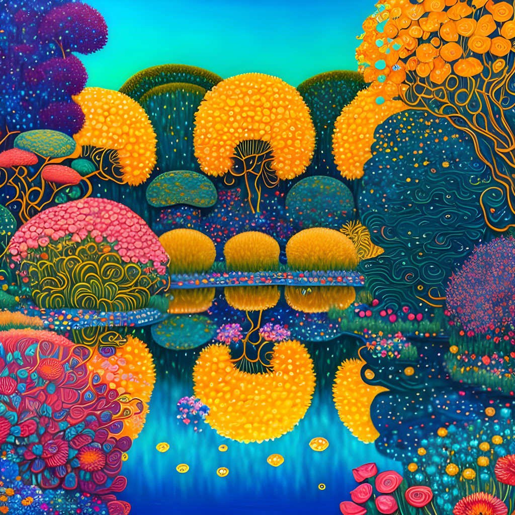 Colorful landscape painting with whimsical trees and serene water reflection