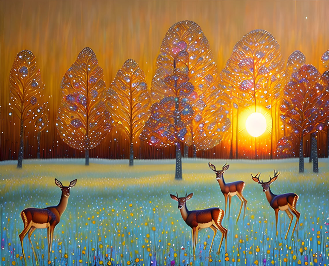 Colorful Stylized Artwork: Deer in Whimsical Forest