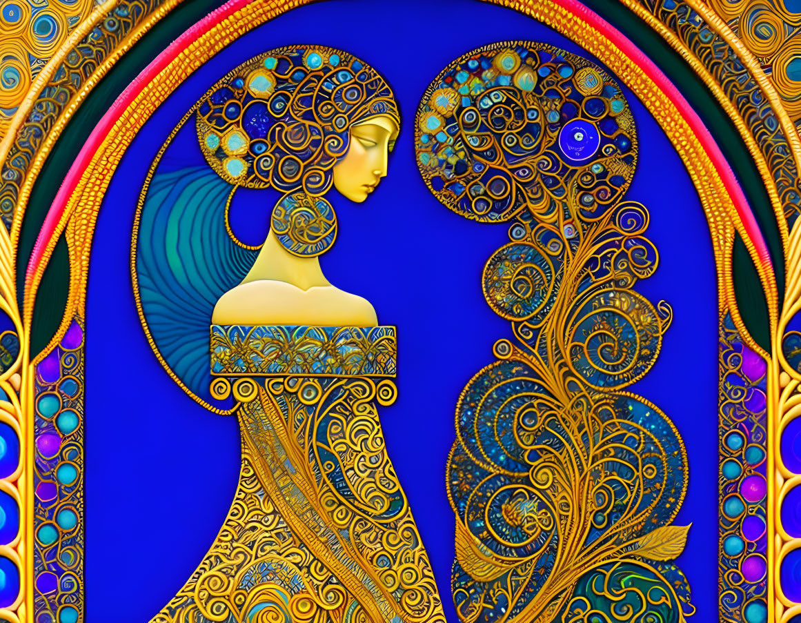 Colorful Art Nouveau Woman Profile Illustration with Elaborate Patterns