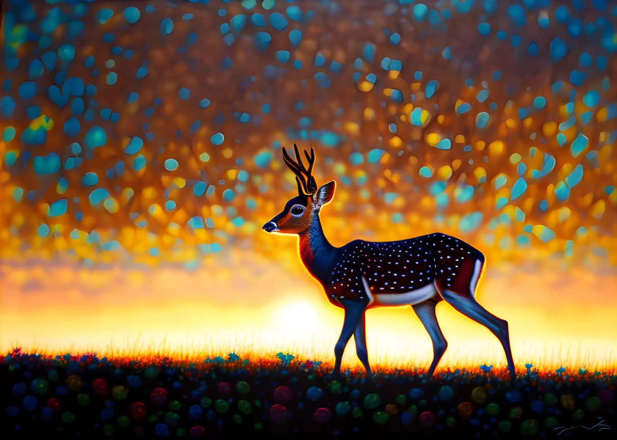 Colorful Sunset Illustration Featuring Solitary Deer and Heart-shaped Bokeh