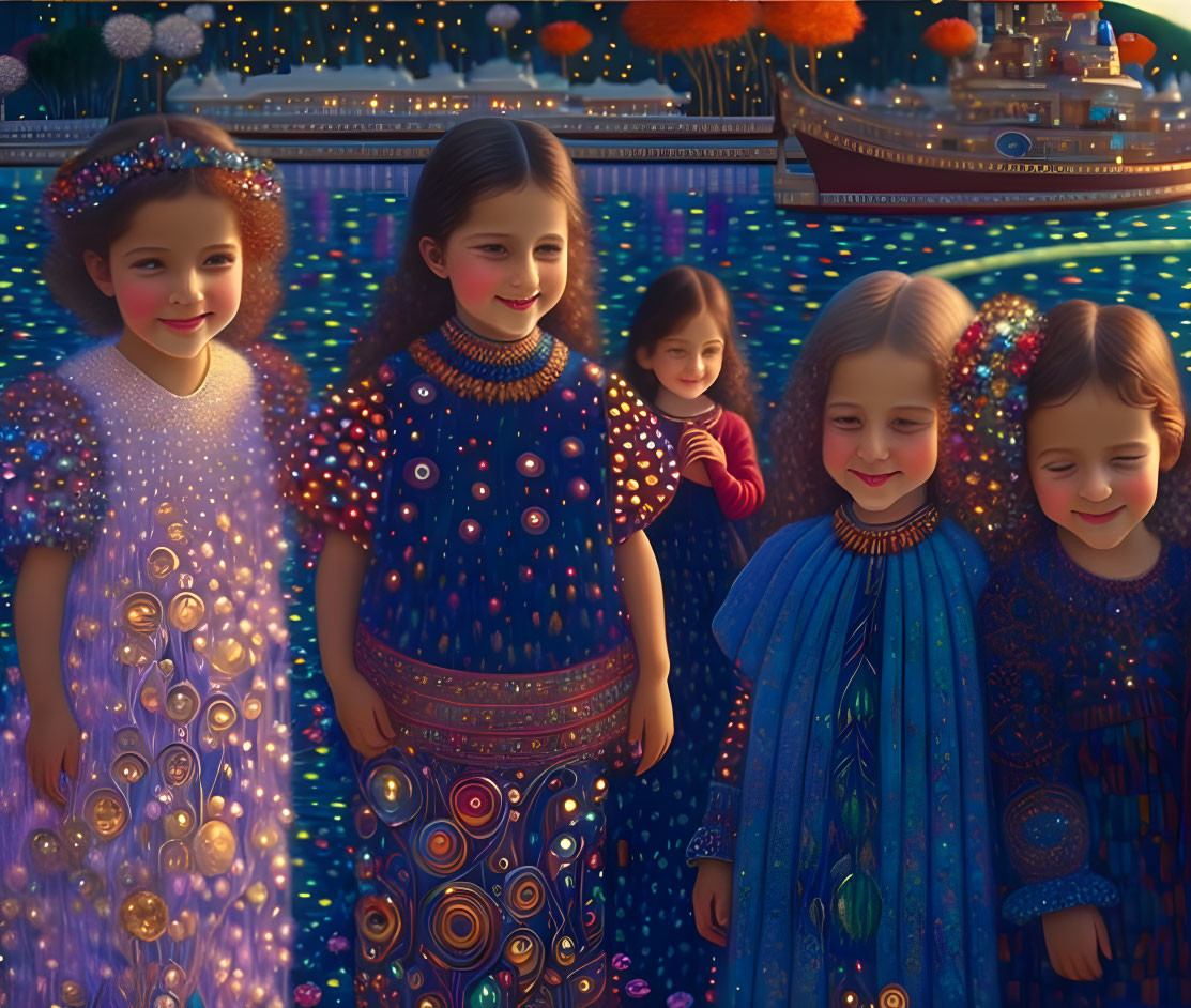 Five girls in sparkly dresses against starry backdrop with boat and orange flowers.