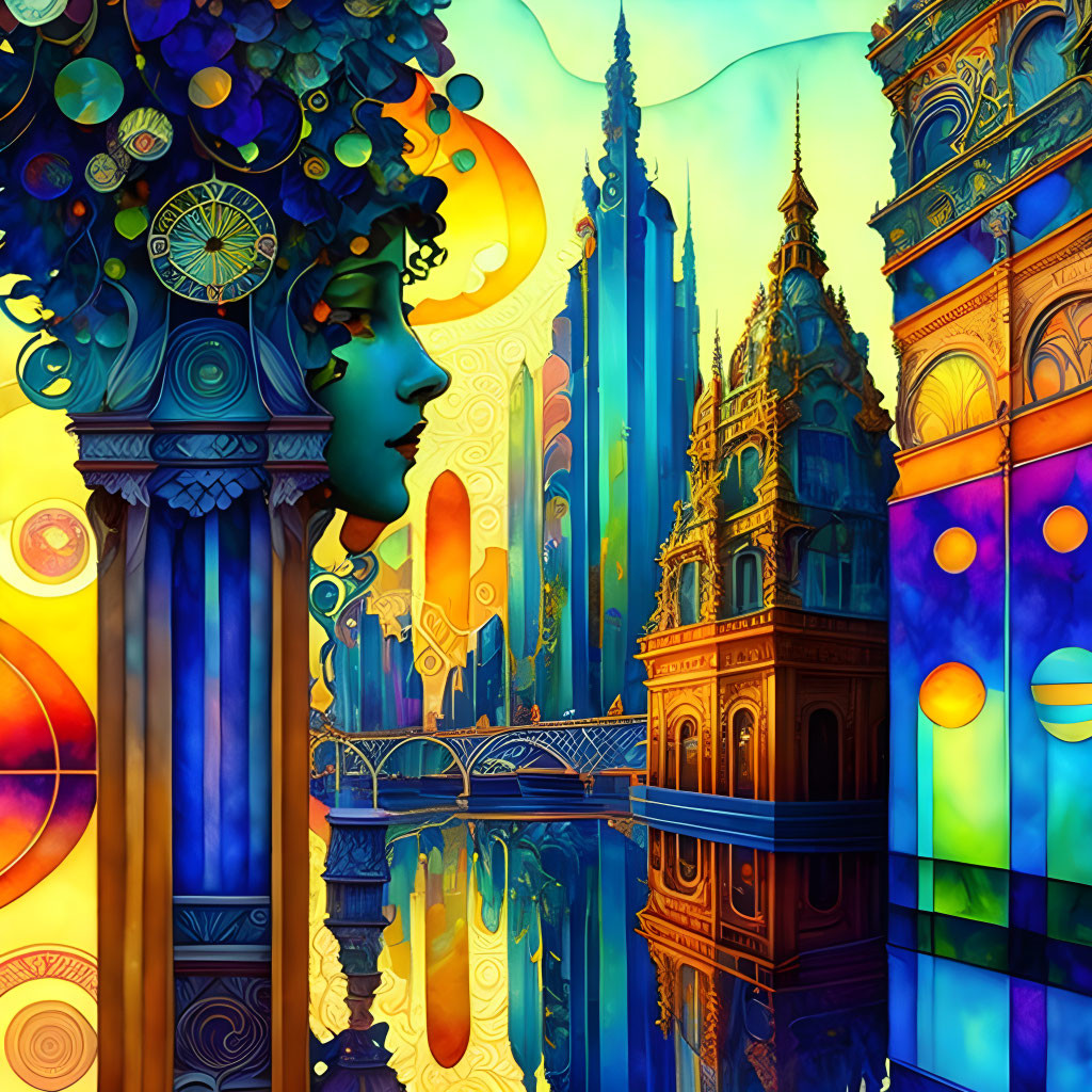 Colorful cityscape with silhouette, ornate towers, and surreal reflections.