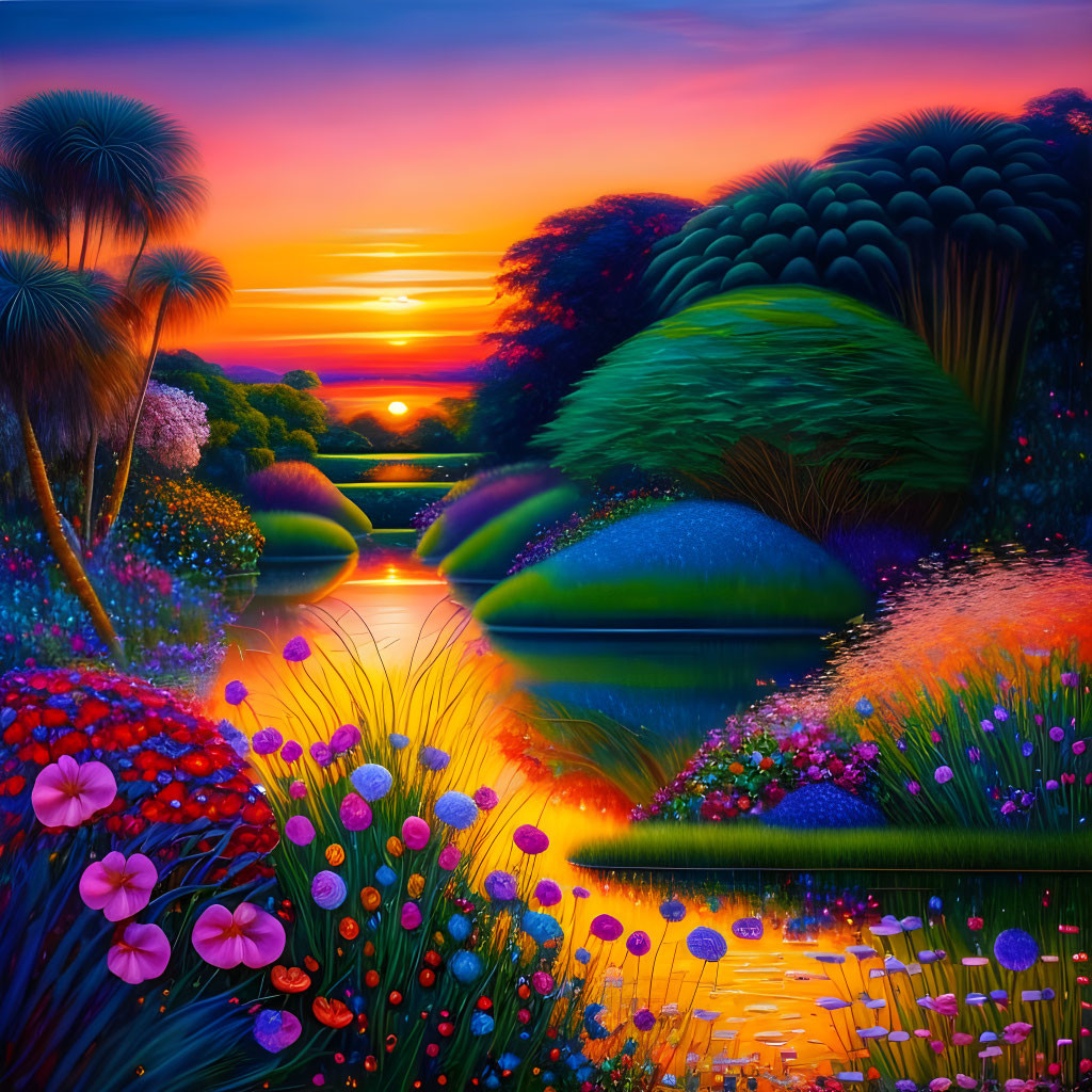 Colorful painting: Sunset over lake with lush vegetation