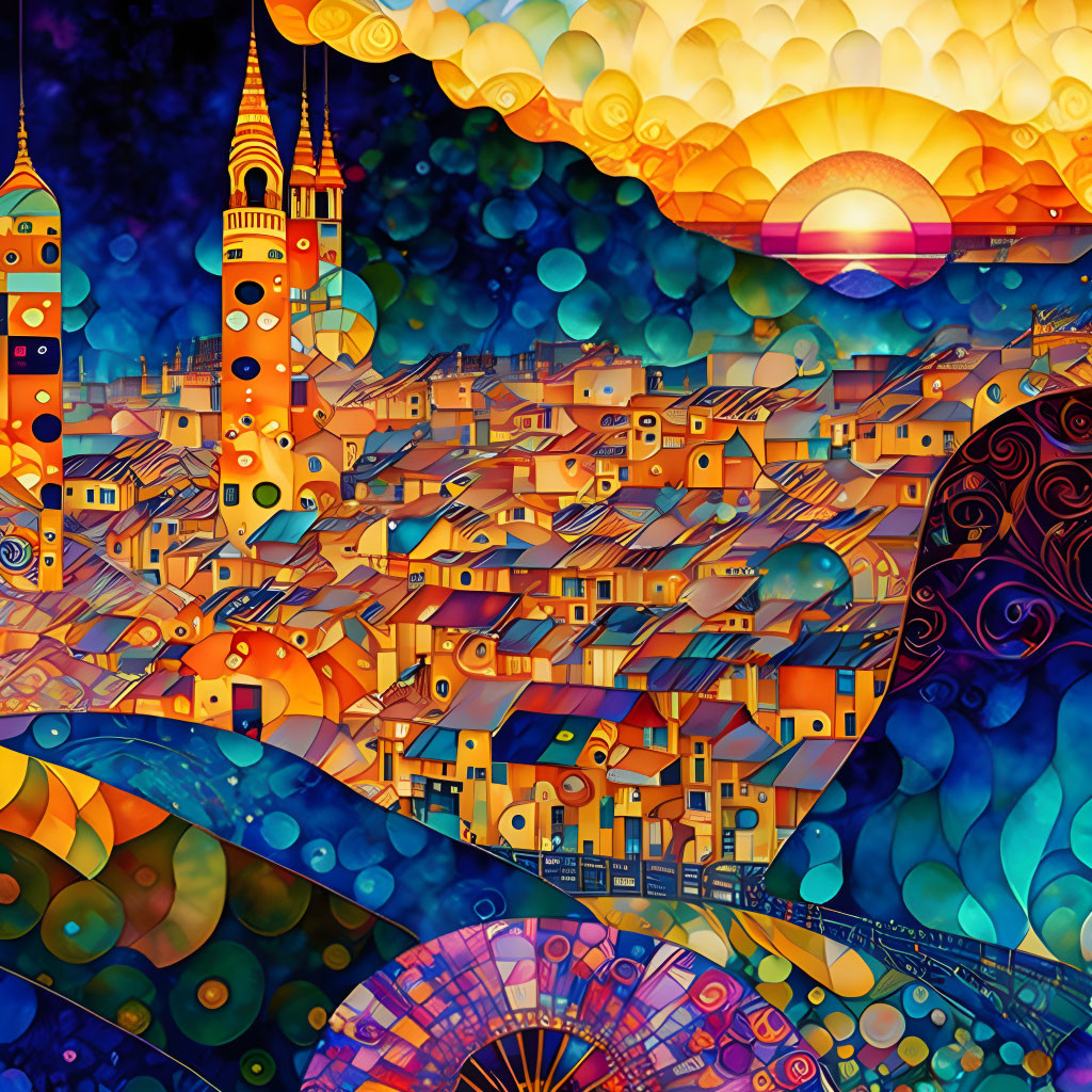 Colorful Stylized Cityscape Artwork with Swirling Patterns and Sunset Sky