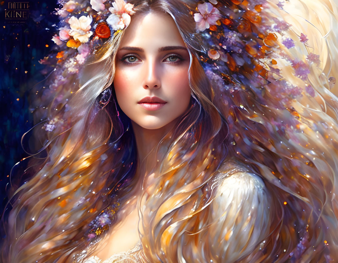 Digital artwork: Woman with flowing hair and vibrant flower adornments