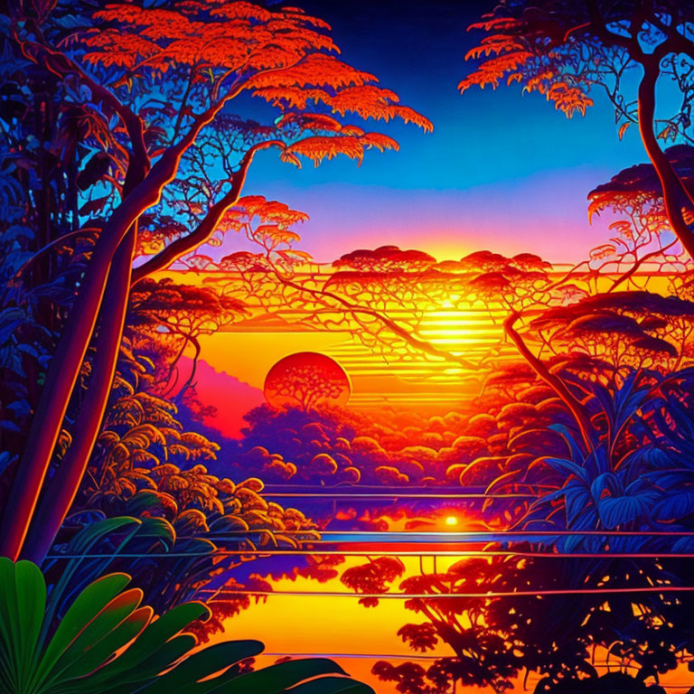 Colorful Digital Art: Tropical Jungle Sunset Scene