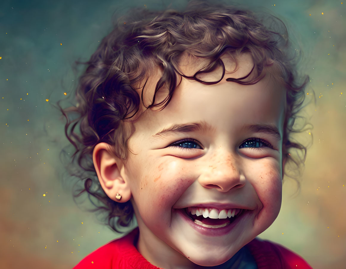 Curly-Haired Toddler Smiling in Red Top with Freckles