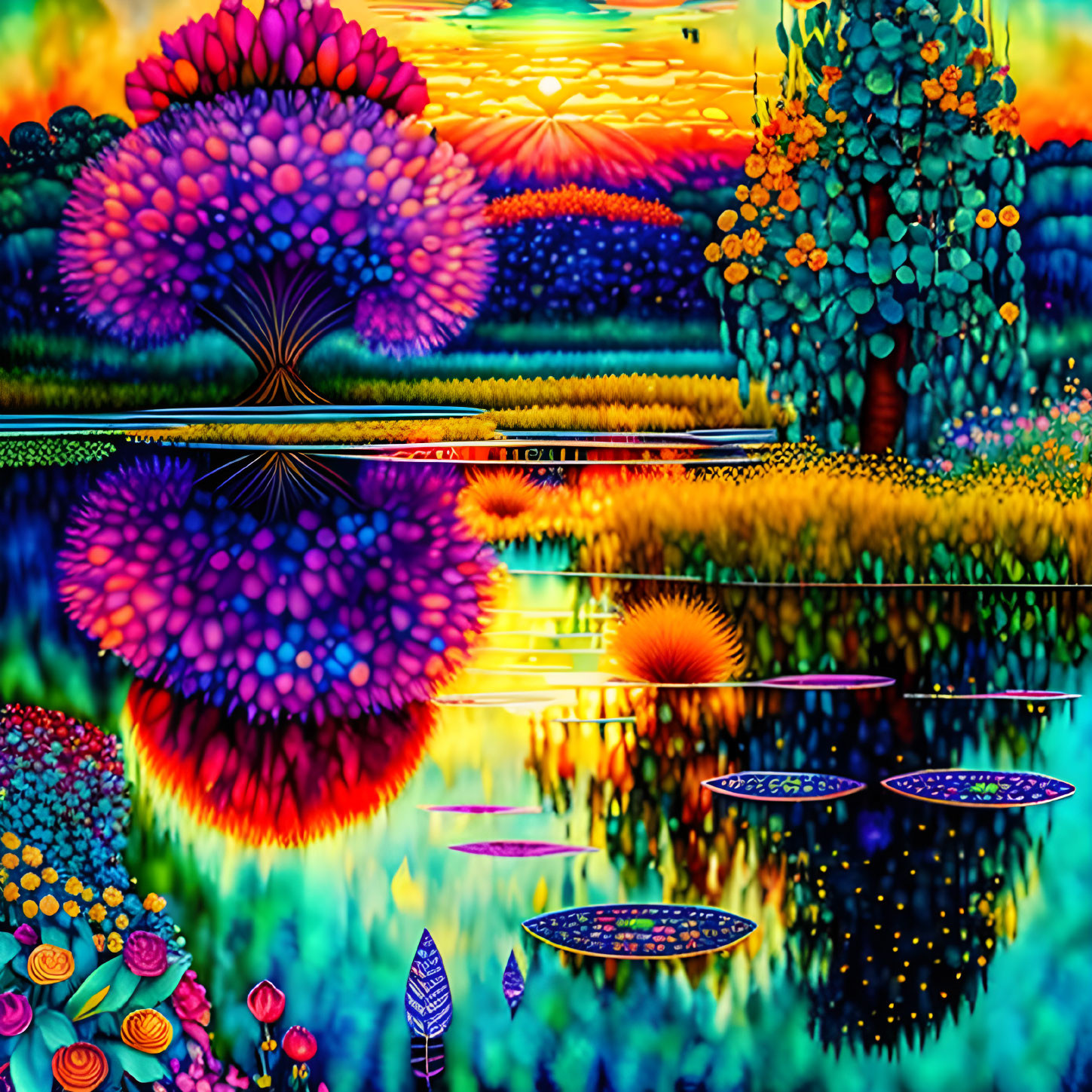 Colorful Psychedelic Landscape with Trees, Flowers, and Reflective Lake