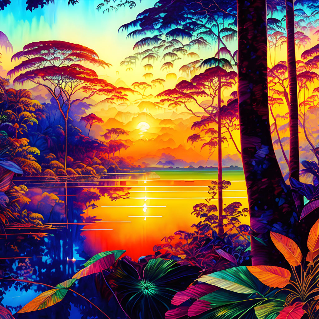 Colorful digital artwork: Tropical rainforest sunset with reflections and silhouettes